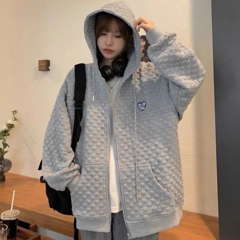 Picture of High Street Hiphop Waffle Heart Sweatshirt Women's Spring & Fall Loose Ins Lazy Style Thin Student Large Size Jacket