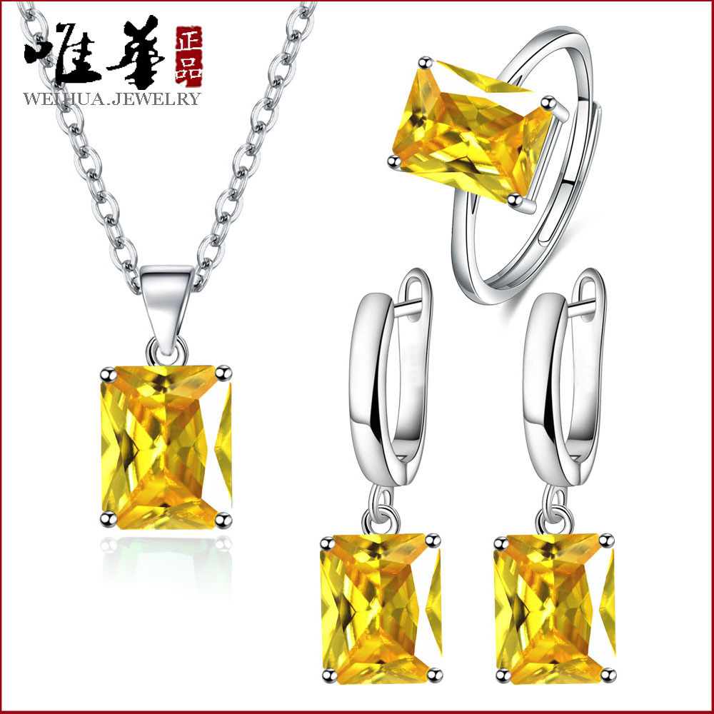 European and American Cross-Border Romantic Fashion Rectangular Ring Women's Personalized Square Earrings Earrings Pendant Necklace Three-Piece Set