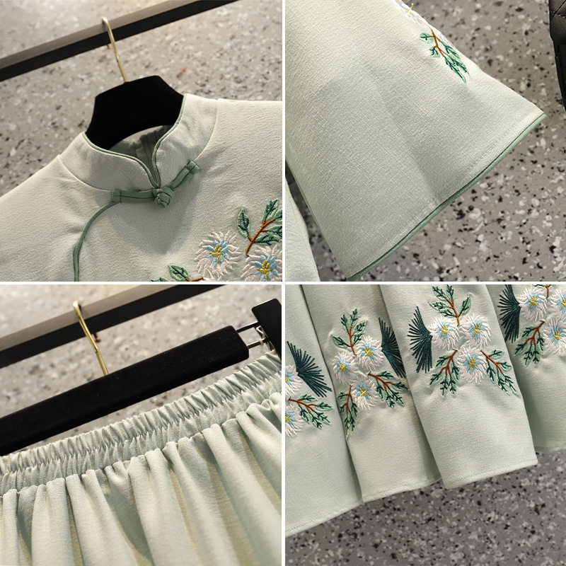 Picture of Strict Selection of Retro National Style Daily Improved Tang Suit Cheongsam Cotton and Linen Embroidered Top Chinese Style Seven-point Sleeve Tea Dress Skirt