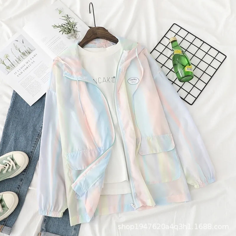 Ice Silk Gradient Japanese Style Sunscreen Coat Women's Summer Thin Hooded Fresh Sunscreen Shirt All-match Loose for Students