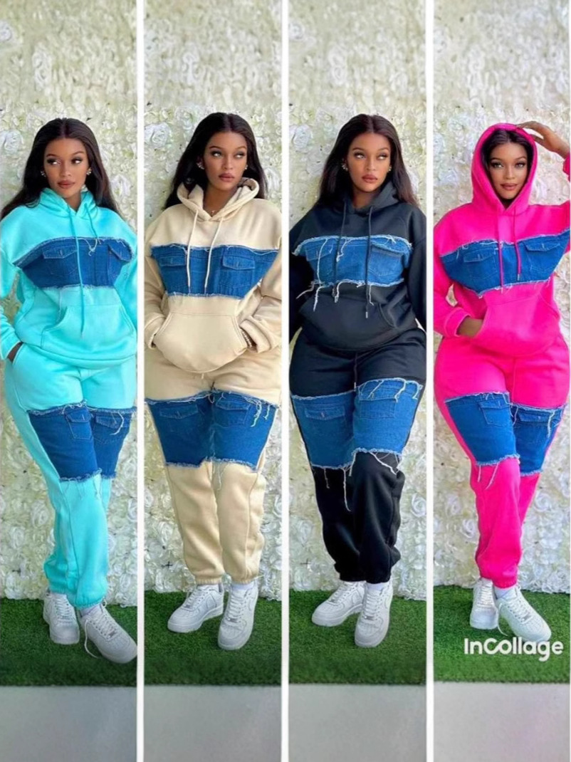 Stocks Spot Contrasting Color Splicing Denim Sweatshirt Trendyy Fashion Casual Suit Loose and Versatile Retro