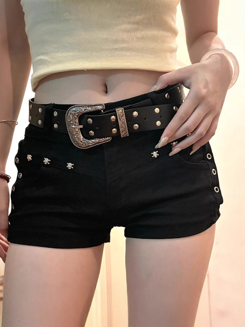 American Sexy Y2K Shorts Black 2025 Summer New Sexy Low-Waist Hip-Covering Rivet Denim Super Shorts for Women