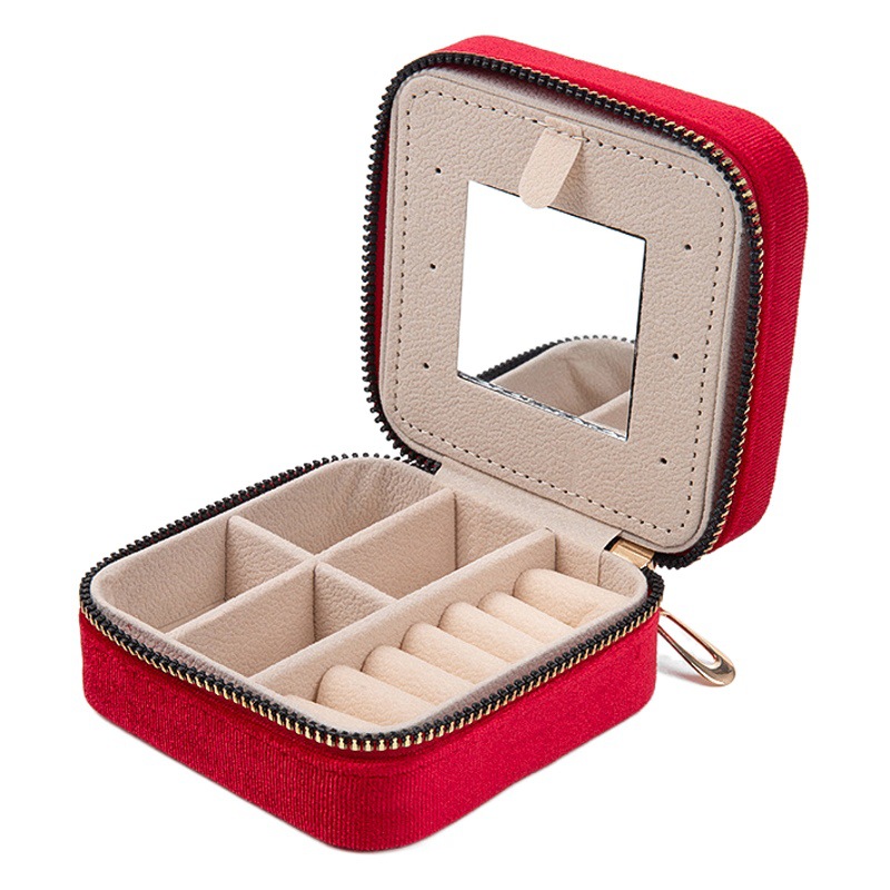 Cross-border jewelry box with mirror square jewelry box ring box ear studs necklace storage bag flannel zipper jewelry box