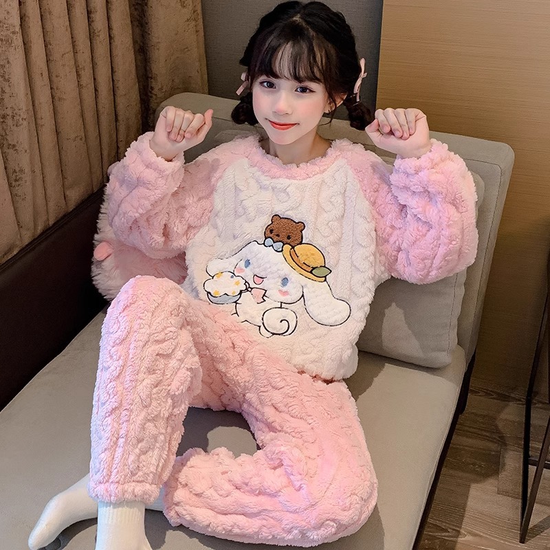 Yugui Dog 2024 New Coral Fleece Children's Pajamas Girls Autumn and Winter Thick Flannel Girls Home Clothes