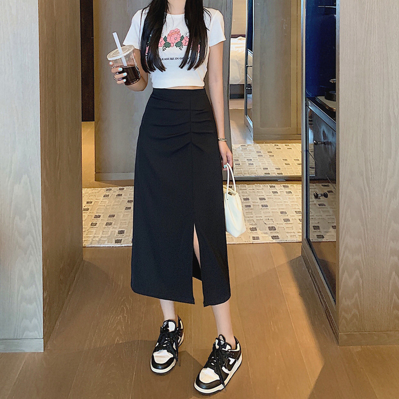 Design Sense Skirt Women's Early Autumn 2024 New High Waist Mid-length Pleated Split A- line Skirt Slimming Hip Skirt