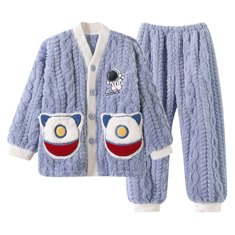 Picture of Children's coral fleece pajamas for boys autumn and winter 2024 new winter jacquard fleece home clothes for teenagers and little boys
