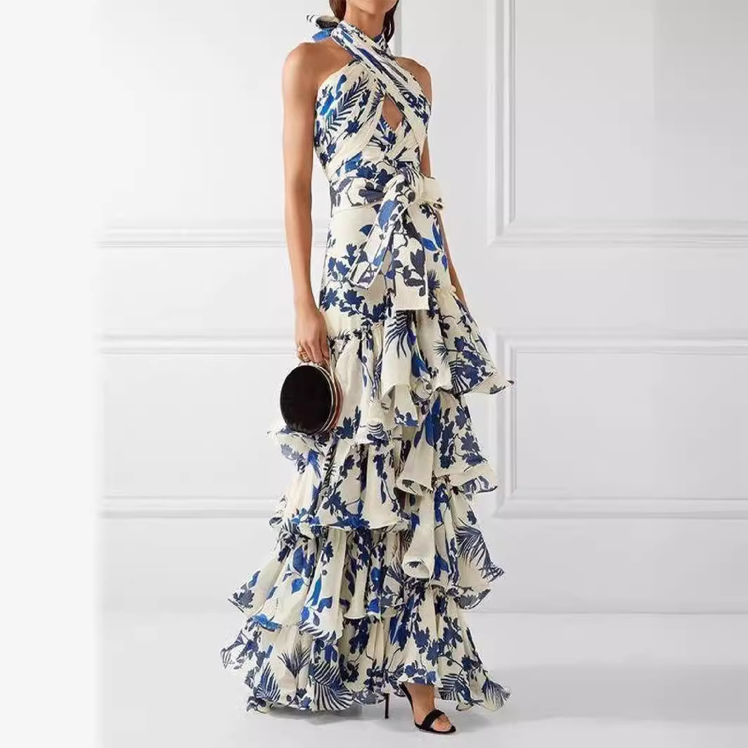 2025 New Summer Cross-Border Bohemian Resort Style Strappy Lolita Full Skirt Printed Long Dress