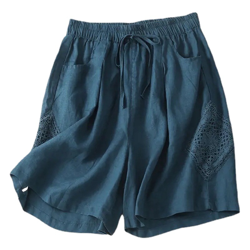 Women's Cotton Shorts Summer Vintage Hollow Crochet Cotton and Hemp Pants Artistic Lace Casual Pants Slim-fit Loose Straight Pants