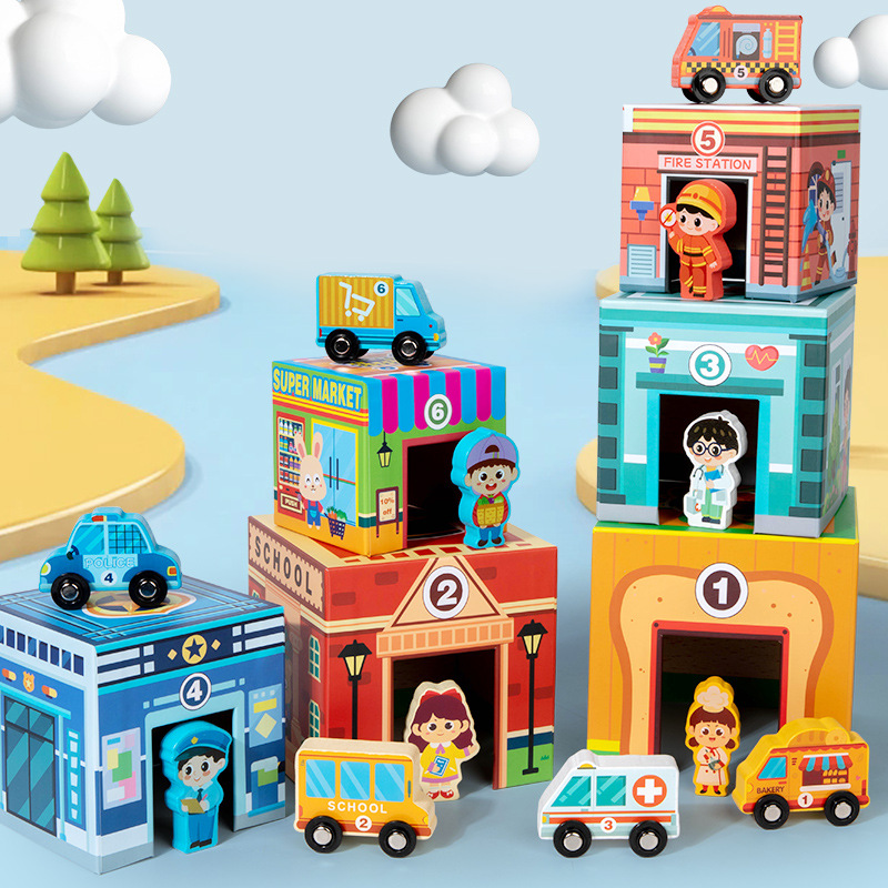 Cross-border children's city scene six-in-one traffic cognitive kit logical thinking training heap music educational toys