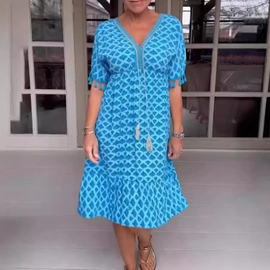 2024 summer new Amazon cross-border European and American printing fashion Joker collar short sleeve dress women's clothing