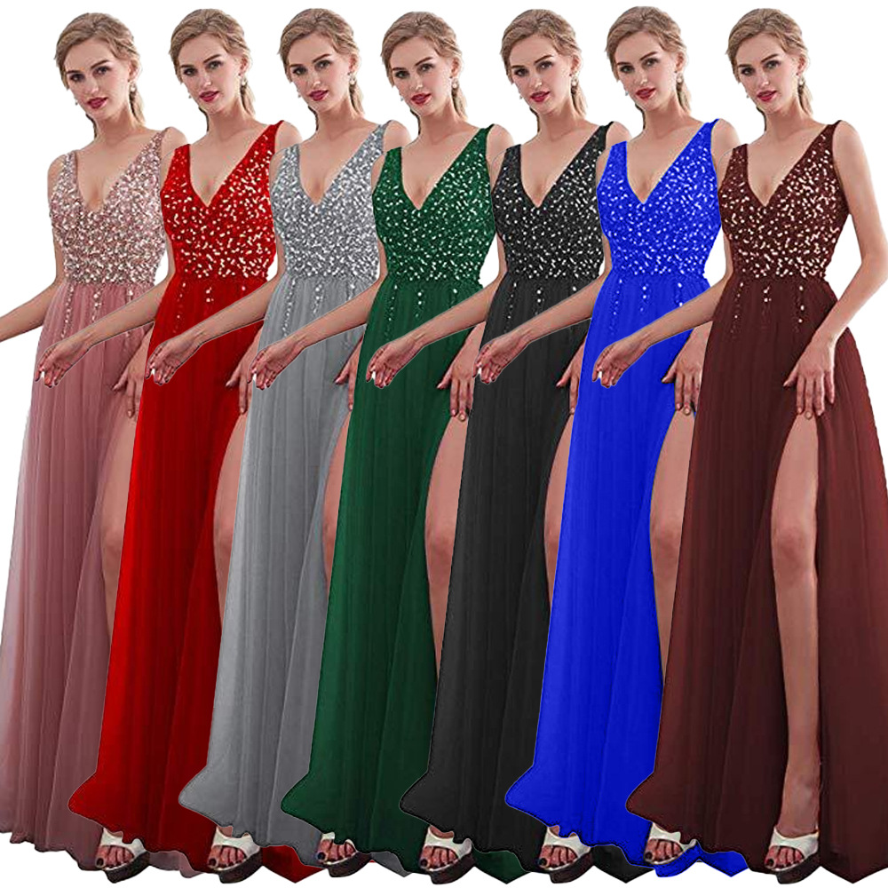 2025 European and American Export Wishebayshopee Pink Embroidered Sequins Sexy Deep V Sequin Long Skirt Evening Dress
