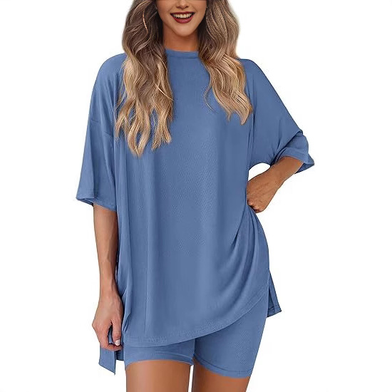 Picture of Cross-border foreign trade Amazon 2025 new women's casual round neck split loose shorts short sleeve home clothes suit