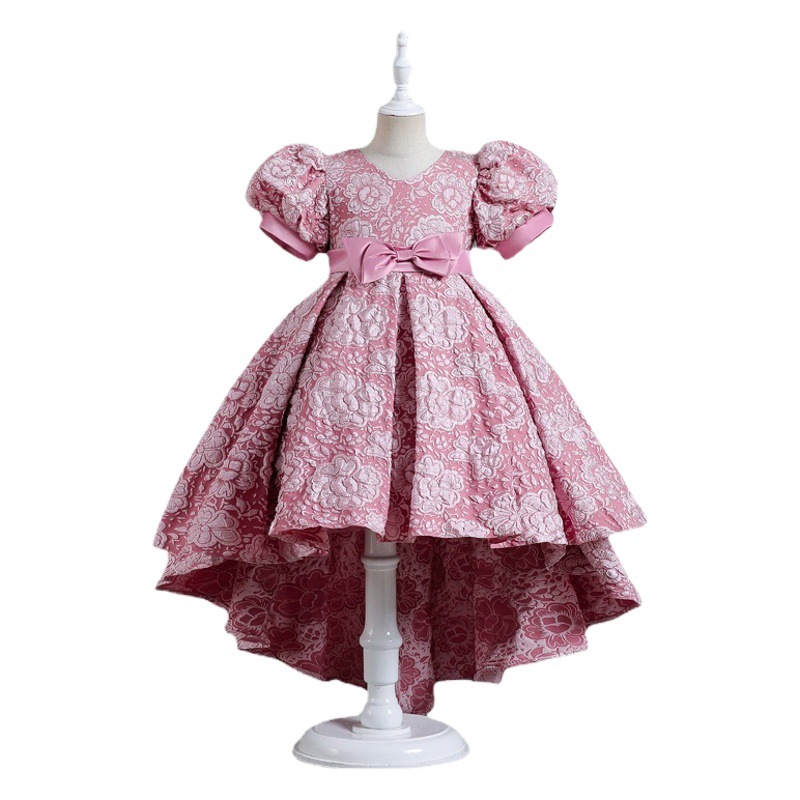 Girl's princess dress red puff sleeve trailing dress host piano performance dress catwalk dress children