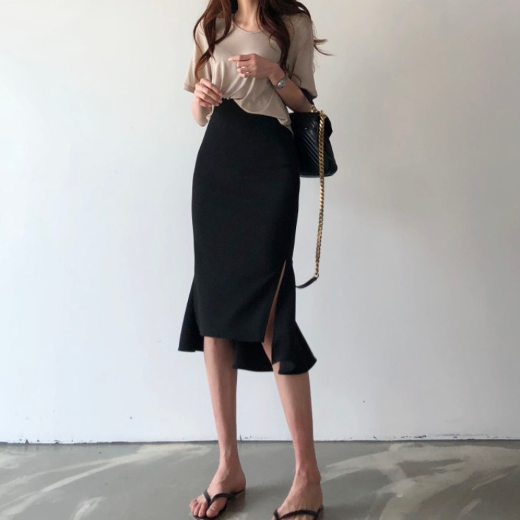 Fishtail Skirt Women's Summer Mid-length Irregular Elastic High Waist Split Slim-fit Slim-fit Black Hip Skirt