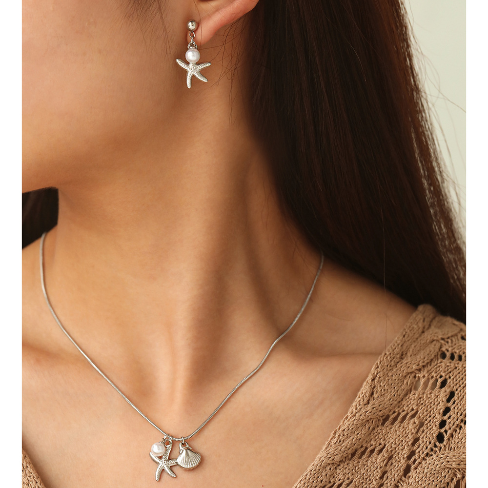 Stainless Steel Women Starfish Shell Pendant Bracelet Earrings suit Fashion High-end Daily Wear Accessories