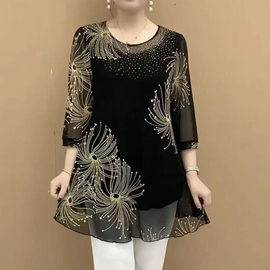 Picture of 2024 Spring and Summer Fashion Seven-point Sleeve Mesh T-shirt Small Shirt for Middle-aged and Elderly Mothers Summer Dress Round Neck Half Open Neck Hollow