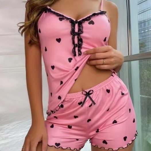 New European and American Foreign Trade Women's V-neck Pajamas Comfortable Home Button Lace Sling Shorts Home suit