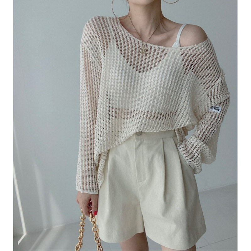 Korean Chic Summer Simple Round Neck Pullover Loose Top Thin Hollow Perspective Sunscreen Knit Blouse Women