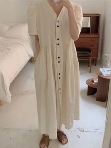 165 Korean Style Loose Short-Sleeved Dress Chic2025 Spring and Summer V Neck Single-Breasted Long Puff Sleeve Dress