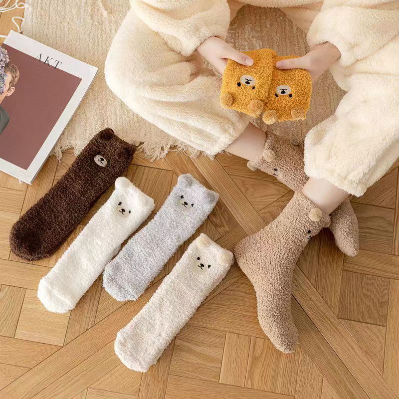 Non-Shedding Coral Fleece Socks, Warm Bear Floor Socks for Women, Thickened Half-Velvet Embroidered Cartoon Sleep Socks
