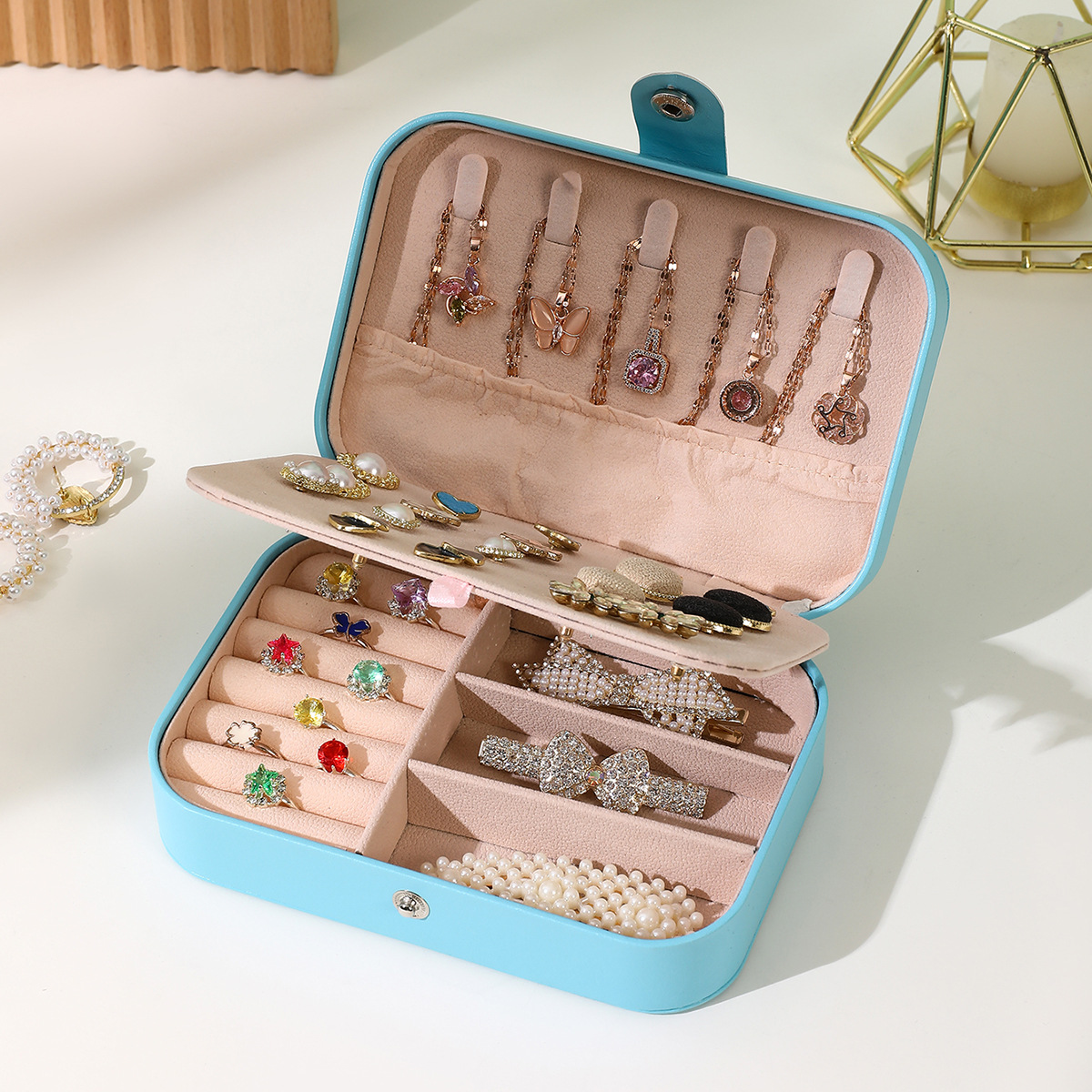 Casual Pu Leather Portable Jewelry Box, Large Capacity Ring, Earrings, Necklace Jewelry Box, Small and Exquisite Jewelry Box