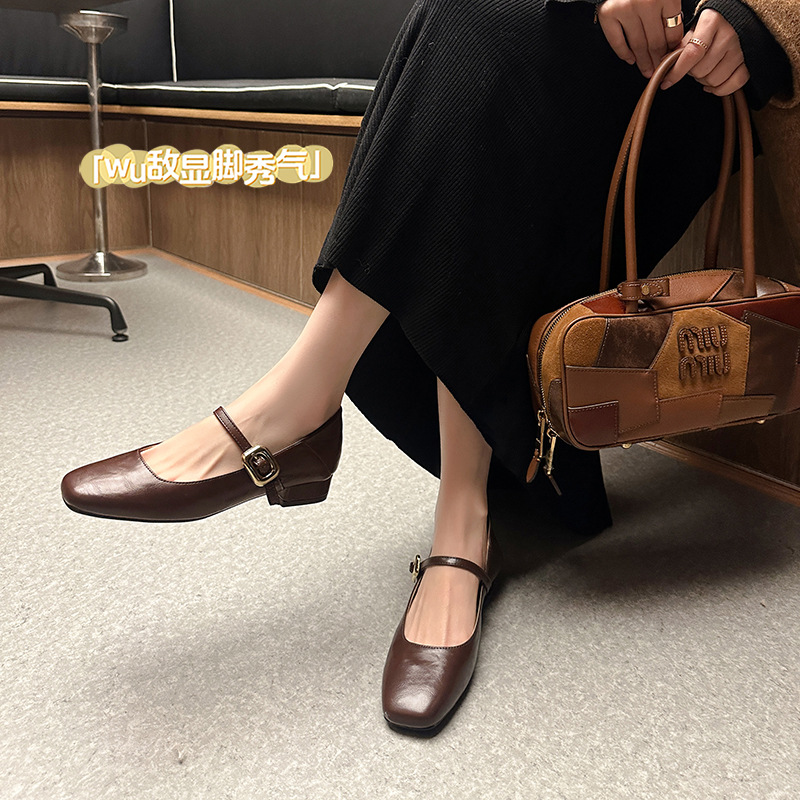 Cowhide Edition Elegant Square Toe Flat Shoes Women's 2025 Spring New French Style Mary Jane Shoes Shallow Mouth Shoes