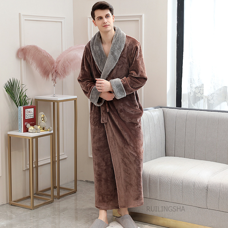 Picture of Couple Autumn and Winter Thickeneded Warm Flannel Nightgown Women's Long Men's Large Size Coral Velvet Bathrobe Zipper Pajama Dress