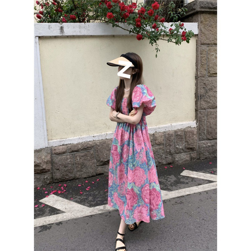 Floral Square Neck Puff Sleeve Dress for Women Summer New French Waist Slimming Mid-Length Skirt Trendy