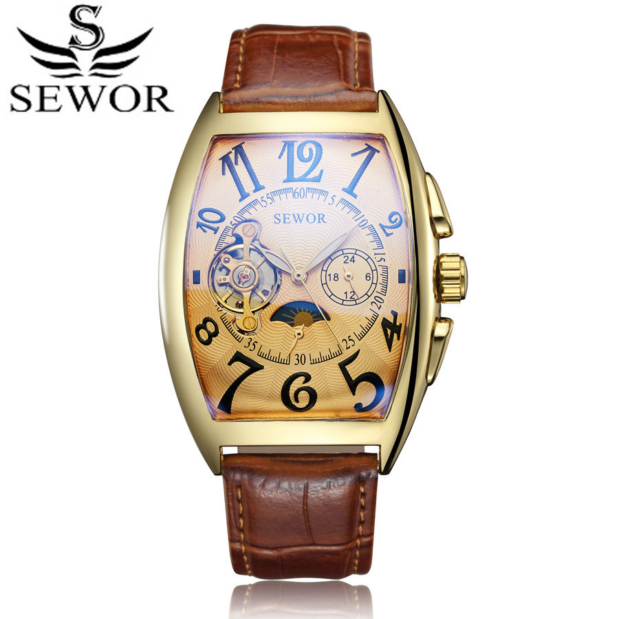 sewor Men's Watch Automatic Mechanical Hollow Wine Barrel Casual Men's Tourbillon Belt Mechanical Watch