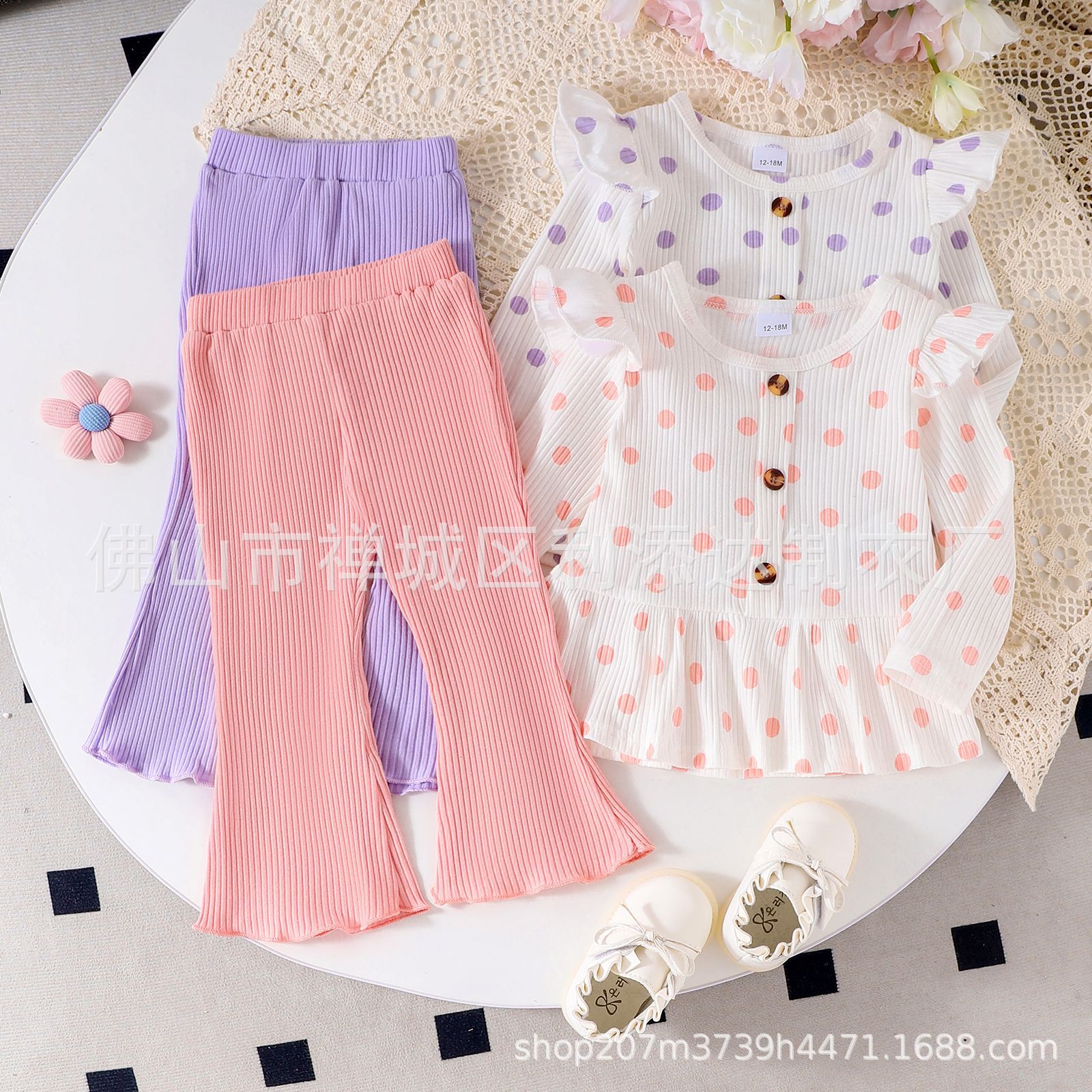 2024 Amazon autumn and winter new children's long sleeve striped wave dot plaid top horn trousers girls set