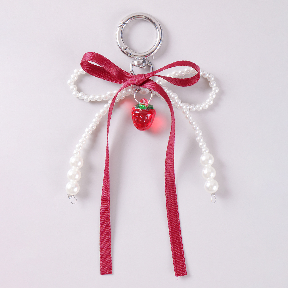 Cross-border Hot Korean Sweet Cool Red Ribbon Imitation Pearl Bow Strawberry Cherry Pendant Keychain Bag Pendant