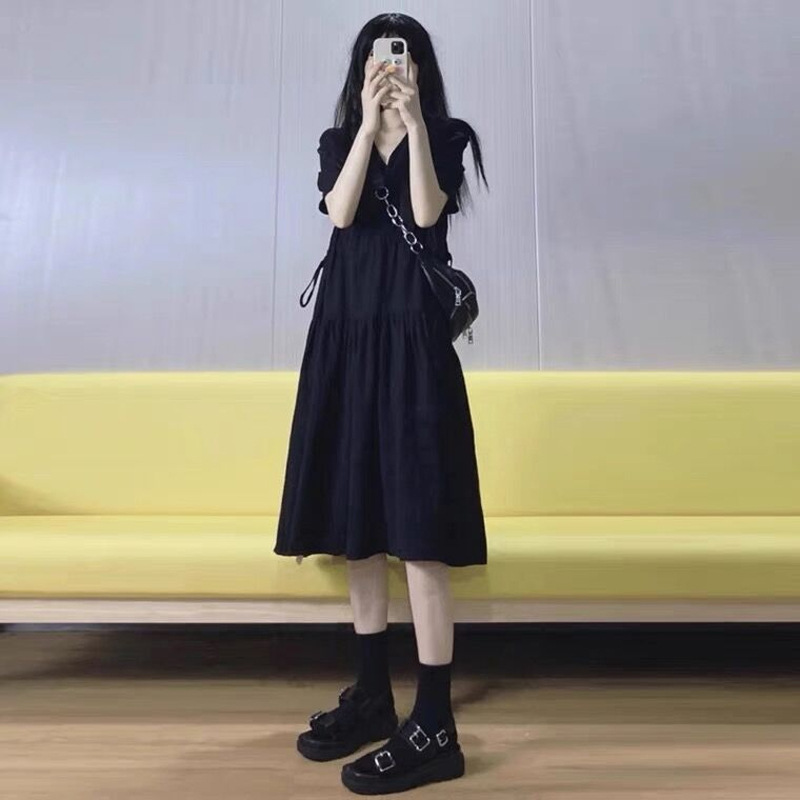 Picture of Women's Summer Solid Color Drawstring Niche Design Sense V-Neck Korean Style Gentle Style Temperament Advanced Sense Black dress
