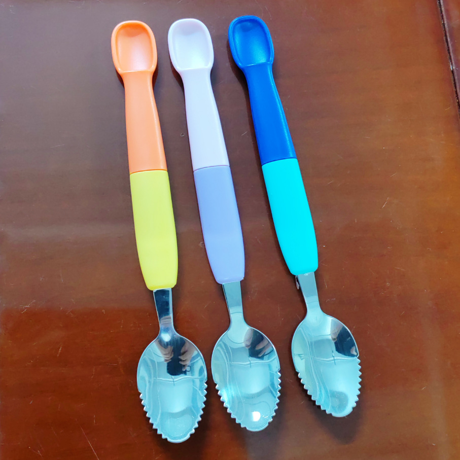 Picture of Factory direct children's fruit scraping spoon double stainless steel scraping spoon silicone spoon baby fruit scraping spoon