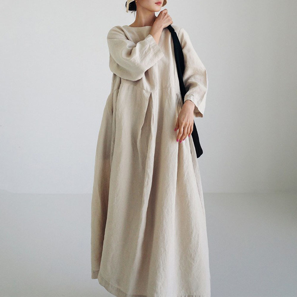 2022 casual artistic cotton and linen women's clothing autumn Japanese new olive green linen long sleeve dress temperament dress
