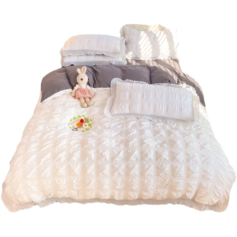 Korean Ins Style Pure Color Washed Cotton Seersucker Four-Piece Set Girly Heart Bed Bed Sheets Quilt Cover Student Dormitory Three-Piece Set