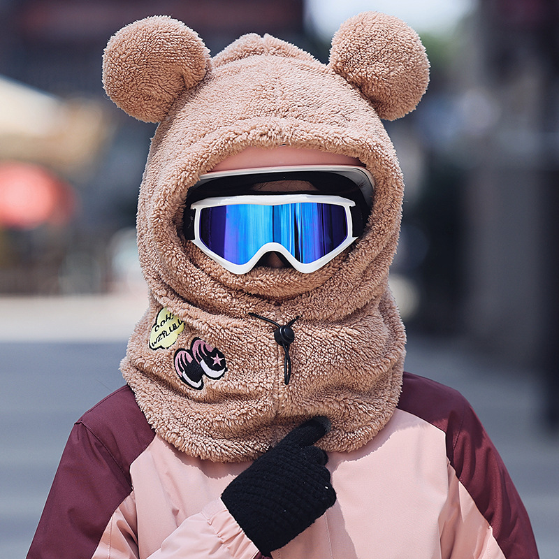 Picture of Winter Warm Series Cute Bear Hat Mask All-in-One Women's Ear Protector Cycling Warm Ski Helmet plush Hat