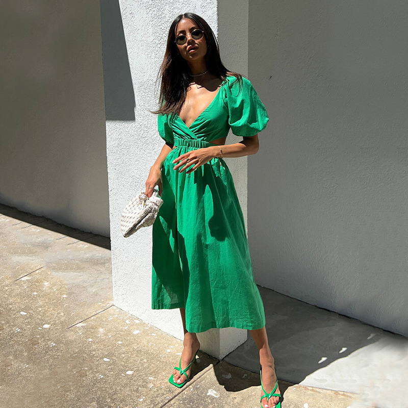 Green Dress Lace-Up Exposed Waist Best-Selling European and American V Neck Strappy Waist Green Skirt