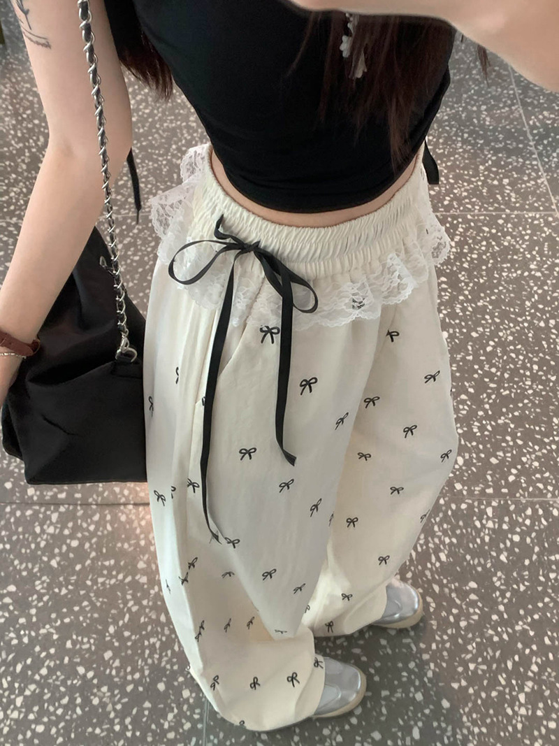 Sweet Spice Girl Lace Stitching Casual Pants Bow Pants Women's Summer Loose Loose Waist Wide Leg Pants Straight Leg Pants