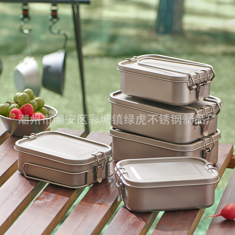 Outdoor pure titanium lunch box portable folding handle Square sealed camping lunch box camping picnic Japanese lunch box