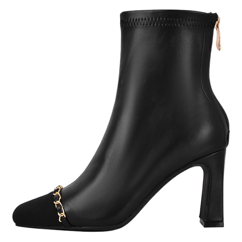 3377-1 Small Xiangfeng Chain Leather Boots French Thin Boots Thick Heel Short Boots Elastic High Heel Single Boots Square Head Autumn