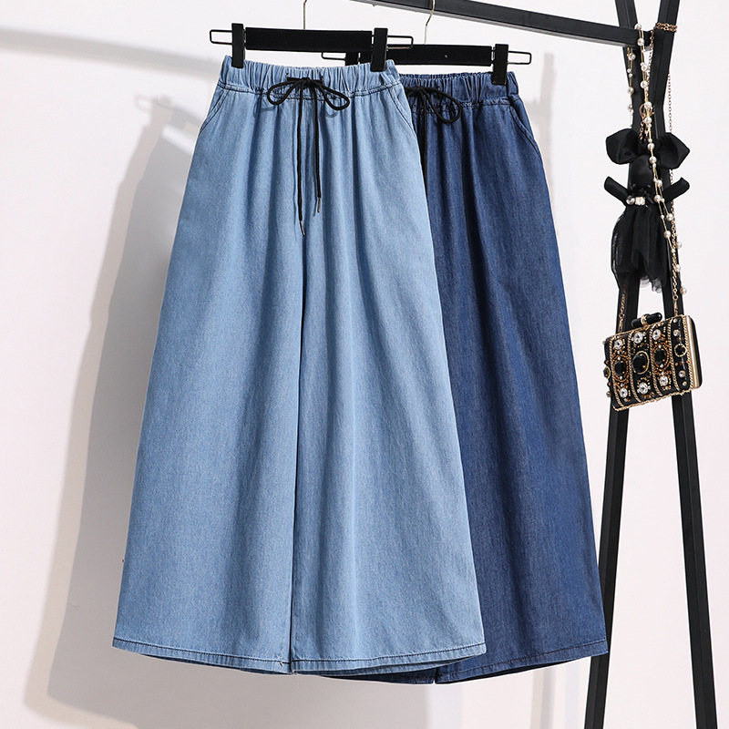 Real Shot of European and American Export Original Single Plus Size Women's Clothing Fat MM Tether Ultra-thin Fabric Elastic Waist Casual Denim Cropped Pants
