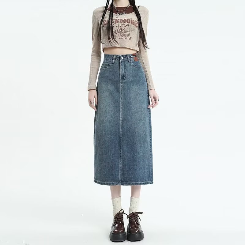 Denim Skirt Women's Summer Mid-length 2024 New Style Small Retro High Waist Slimming A- line Split Skirt