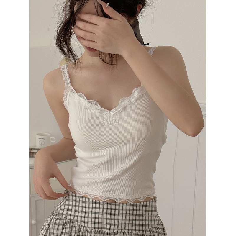 Lace Sling Vest with Chest Pad Spring and Summer New French White Short Top Girly Inner 86083