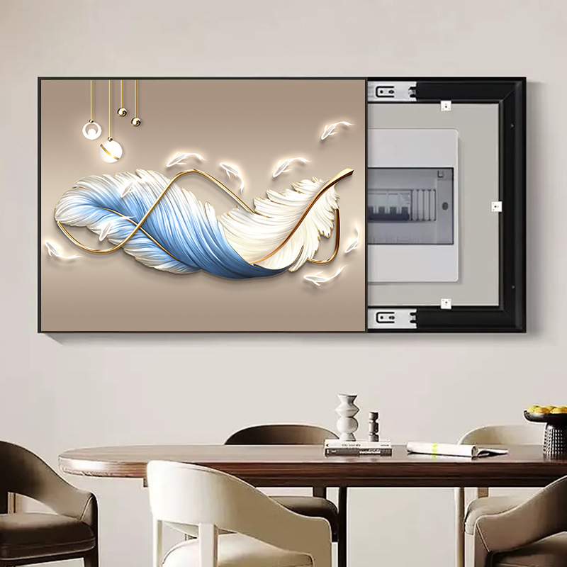 Decorative Painting for Electric Meter Box to Cover, No-Drill Distribution Box Hanging Painting, Modern Minimalist Feather Switch Box Cover Mural