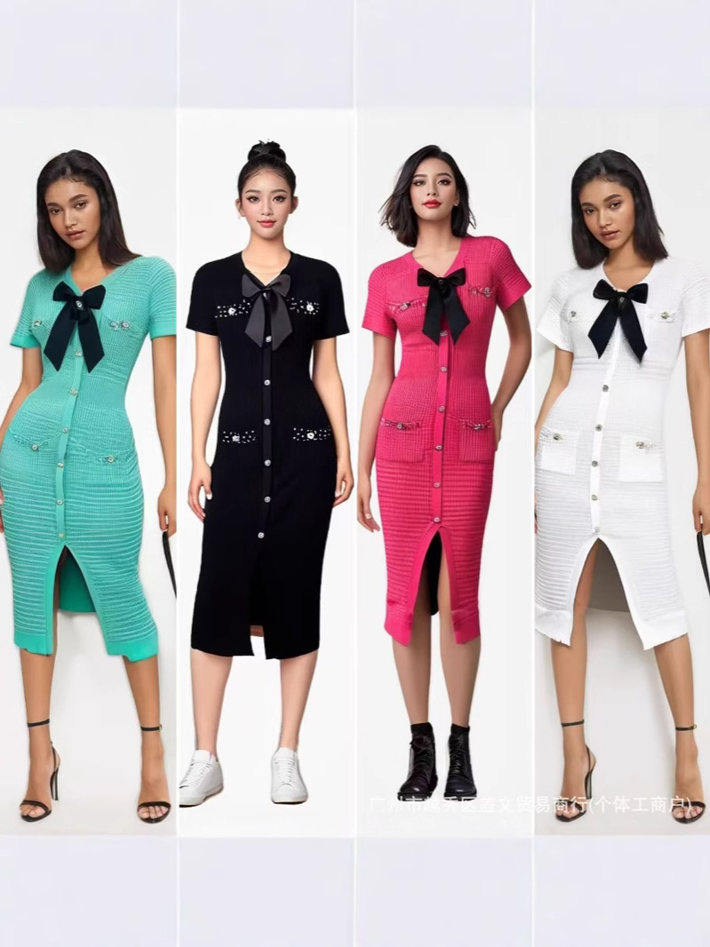 Cross-Border Export French Style V Neck Bow Short-Sleeved Beaded Button Slit Knitted Dress