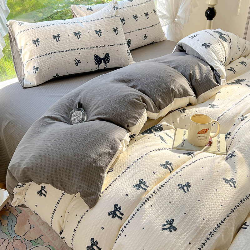 Picture of Class A Maternal and Infant Grade Fresh Small Zhu Cotton Four-piece Set Washed Cotton Bed Sheet Quilt Cover Three-piece Set for Student Dormitory