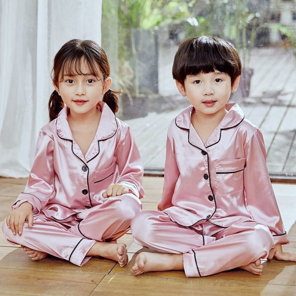 Picture of Spring and Summer Children's Pajamas for Boys and Girls Solid Color Silk Cardigan Long Sleeve Trousers Children's Home Clothes suit