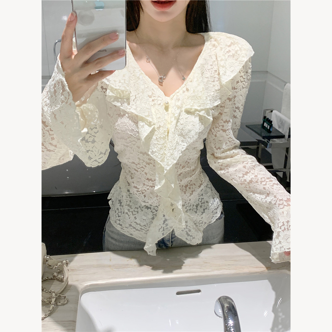 Picture of French V-neck ruffled hollow lace shirt women's 2024 autumn new design sweet long sleeve hot girl top