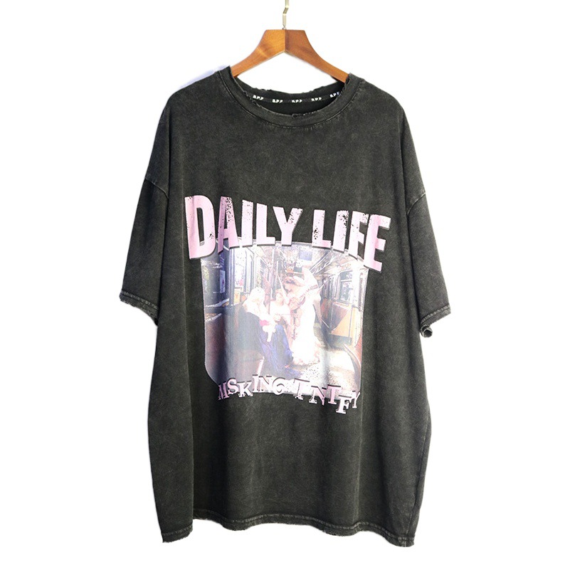 230459 Vintage Hong Kong Style Old Wash Cotton Short-sleeved T-shirt Women's Summer Loose Fashion Stylish Printed Top Trendy