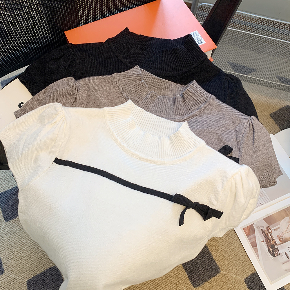 Real Shot Miu Shenzhen Nanyou Classy European Women's Clothing Bow Puff Sleeve Pure Color Knitwear T-Shirt Top..